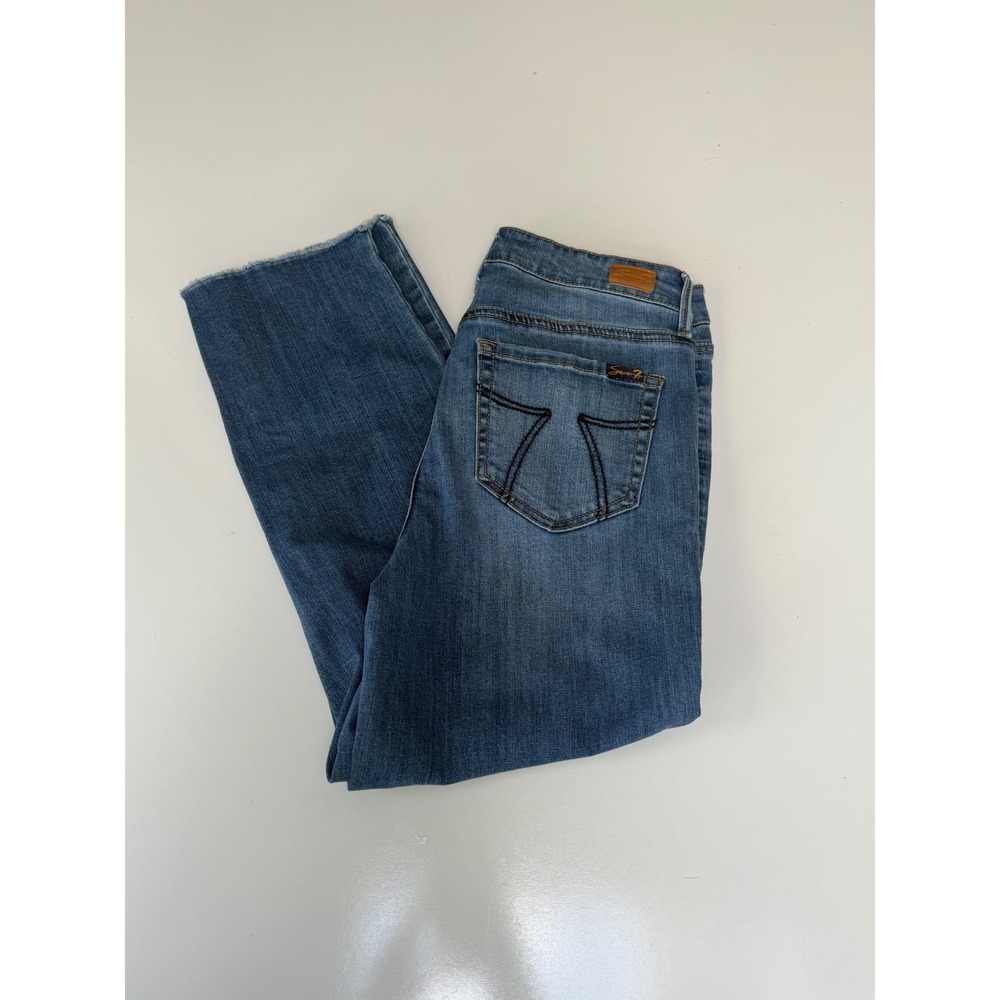 Seven7 Tower Straight Crop Jeans Medium Wash‎ Raw Hem Blue Denim Size 6